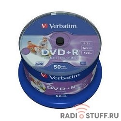Verbatim  Диски DVD+R  4.7Gb 16-х, Wide Photo InkJet Printable,  50 шт, Cake Box (43512 )